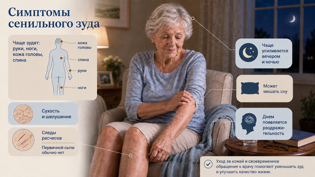 кожа-шершавая-на-ощупь,-шелушится-и-реагирует-раздражением-на-горячую-воду-мыло-одежду-из-грубой-ткани-или-шерсти-сухой-воздух симптомы-сенильного-зуда